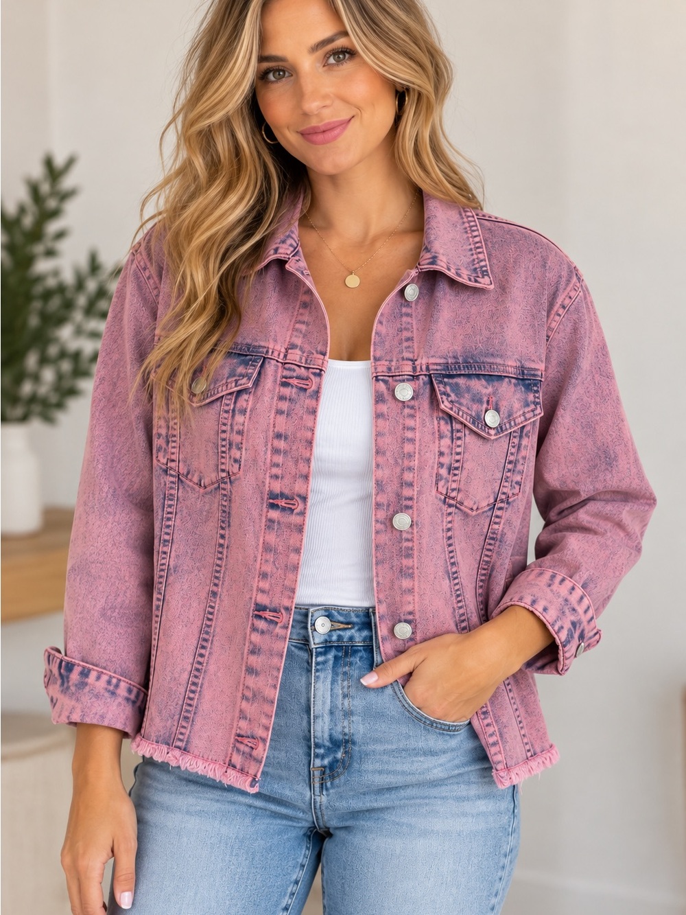 Pink Acid Wash Denim Fringe Jacket Western Cowgirl Boho